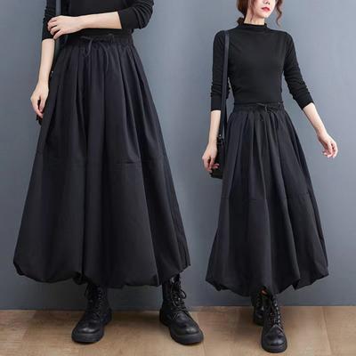 Women A-Line Skirt Elastic High Waist Lace-up Large Hem Maxi Skirt with