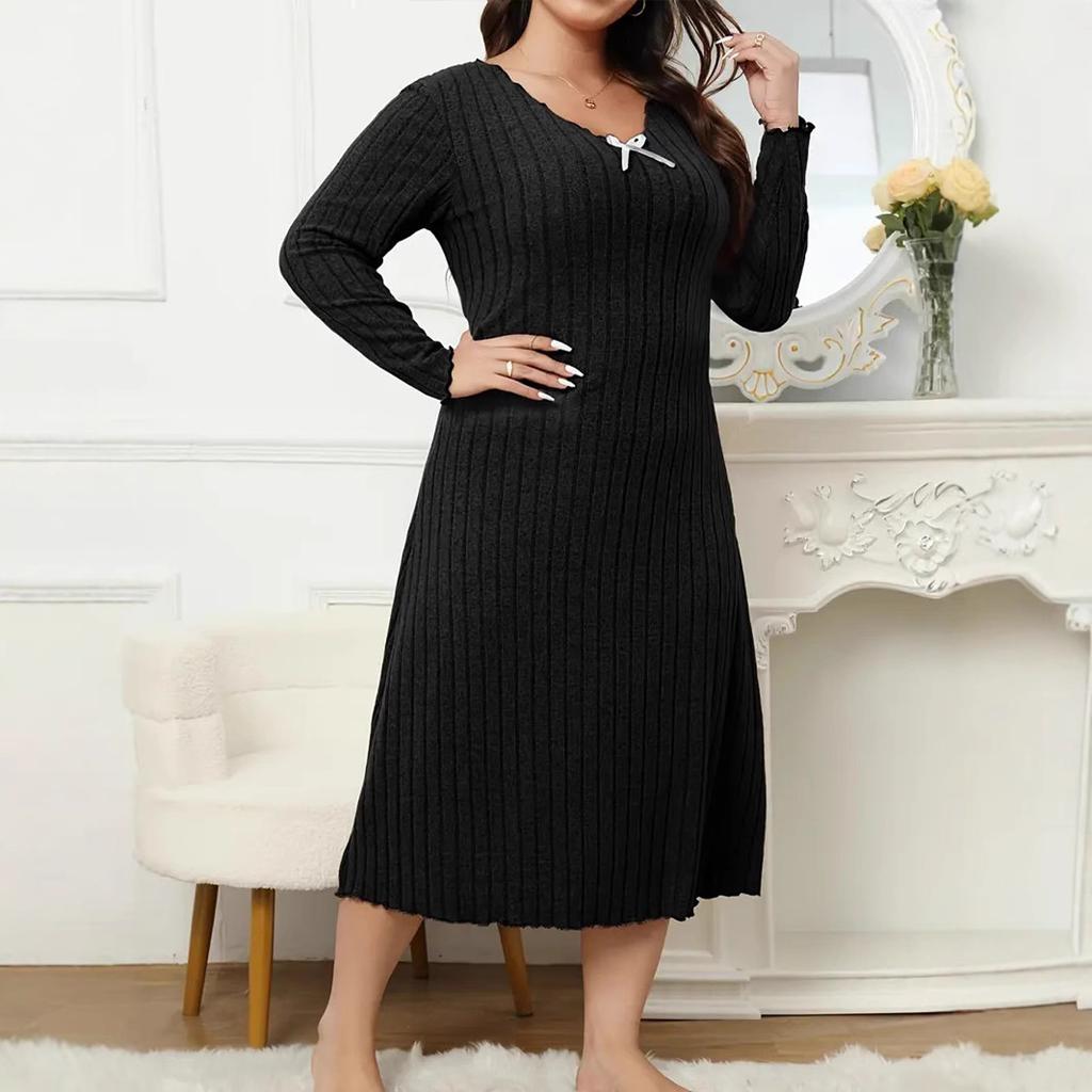 Kvinners avslappet lang kjole med lange ermer V-hals ensfarget treøreringer pluss størrelse kjole