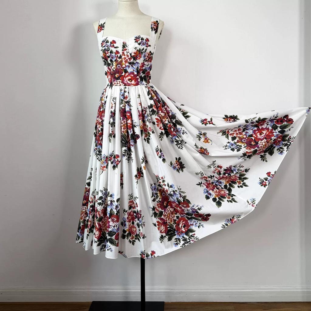 New Summer Holiday Elastic Floral Print Long Dress Women's Spaghetti Strap Cup Padded Backless A-Line Boho Midi Dress