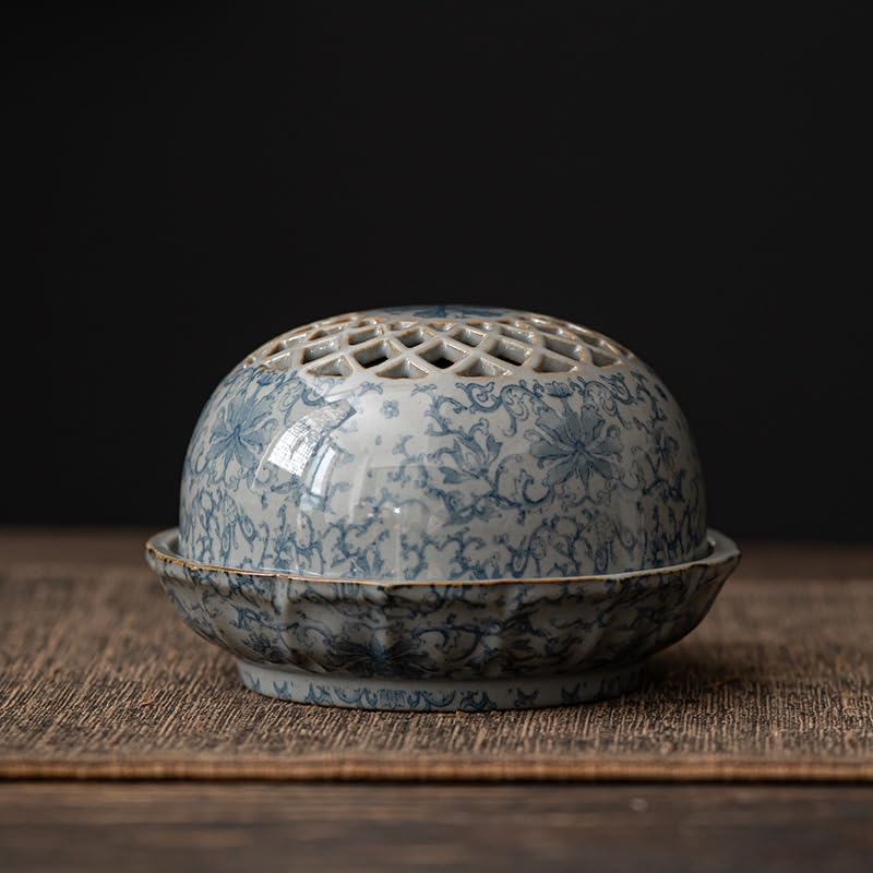 Stilvoller buddhistischer Räuchergefäßhalter aus Keramik mit Spiraldesign, blaue Blumenschale, antike Keramik-Unterglasurmalerei, Handwerkskunst, Räucherwerk-Ornament,