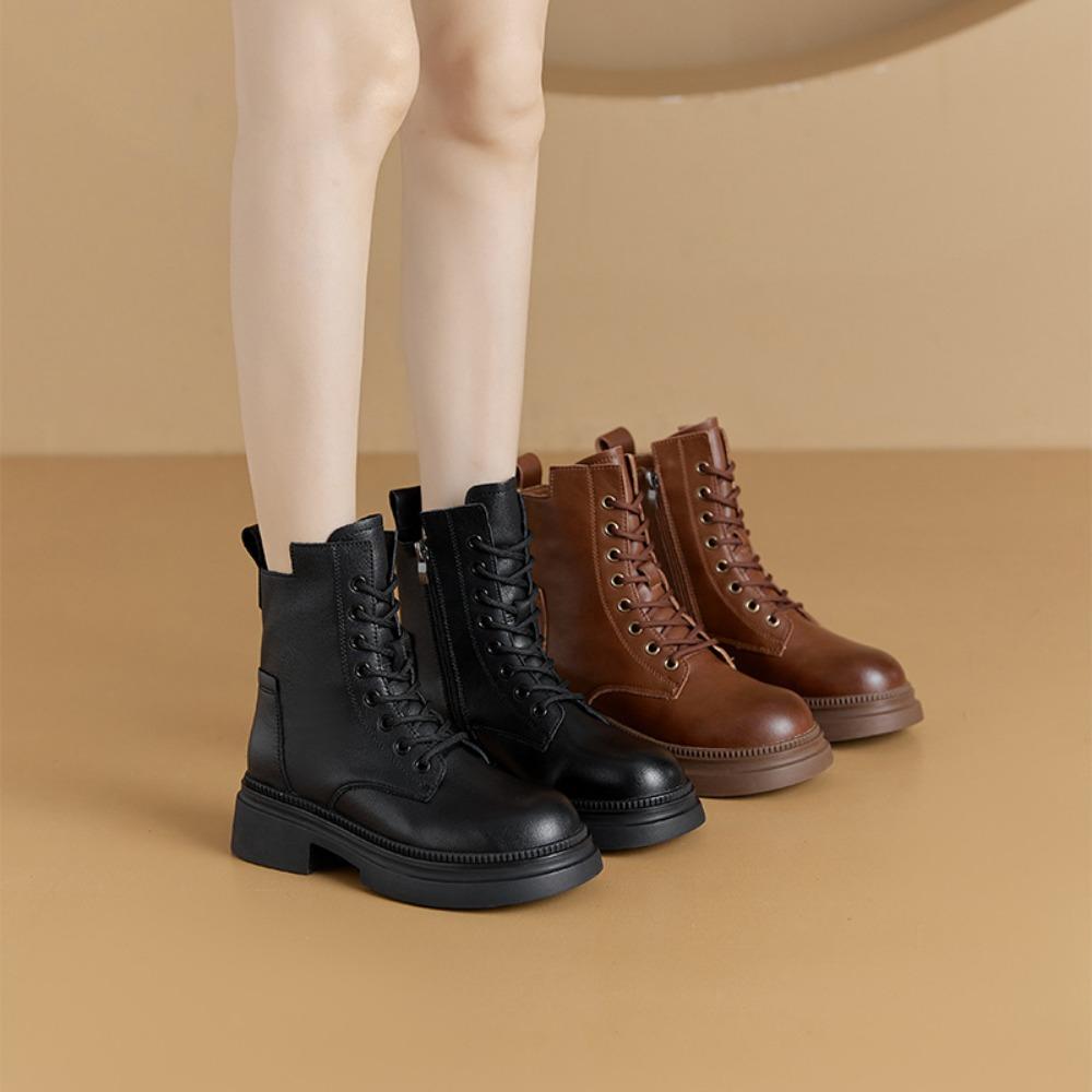 Retro Leather Boots for Women's Autumn Winter New Products Women Short Boots Thick Soled Lace Up Casual Womens Shoes Platform