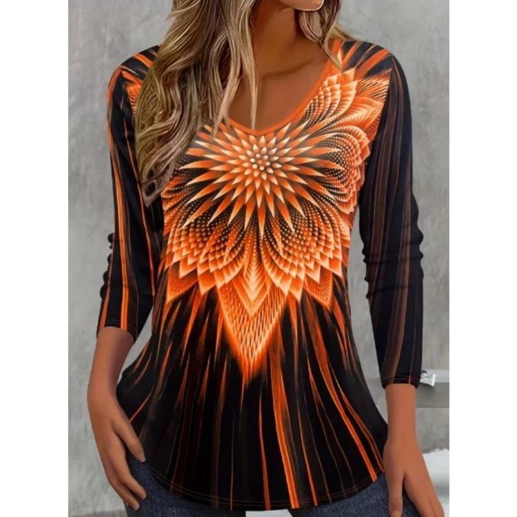 3D Floral Printed Long Sleeve T Shirt Women Fashion Round Neck Top Holiday Weekend