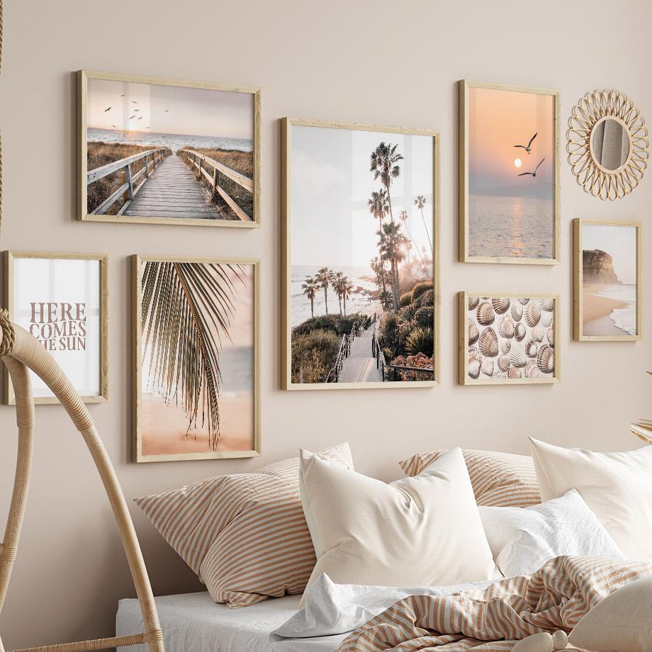 Sunset Beach Coconut Tree Bridge Shell Bird Wall Art Living Room Decoration Canvas Painting Nordic Posters And Prints Pictures