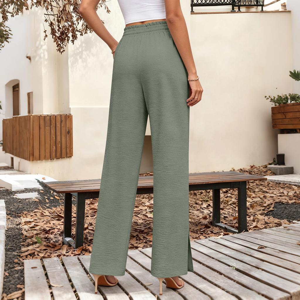 Wide Leg Drawstring Waist Pants for Women High Waist Loose Fit Split Hem Lightweight Casual Trousers for Everyday Wear