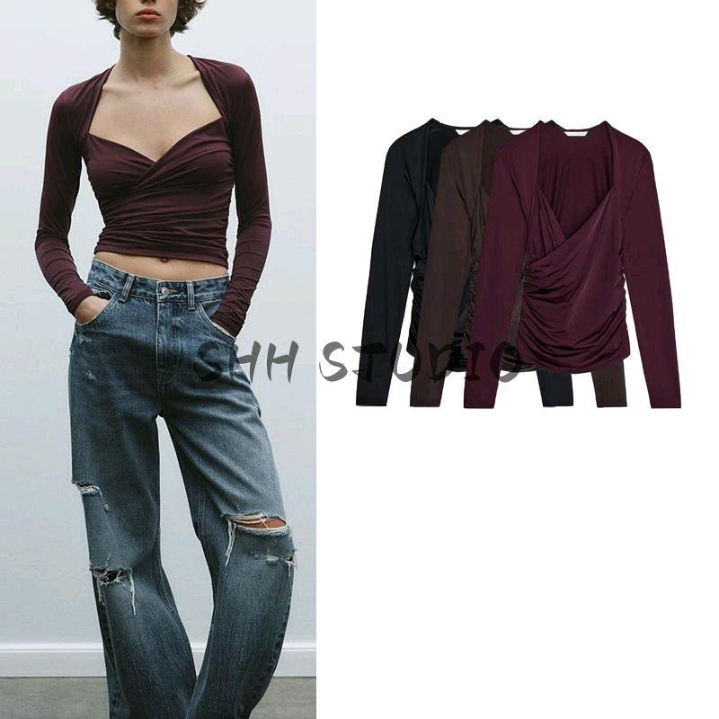 Spring New Women's Clothing Fashion Pure Desire Wind Minimalist Nylon Ruched Long Sleeves Vertical Collar Top 3641315