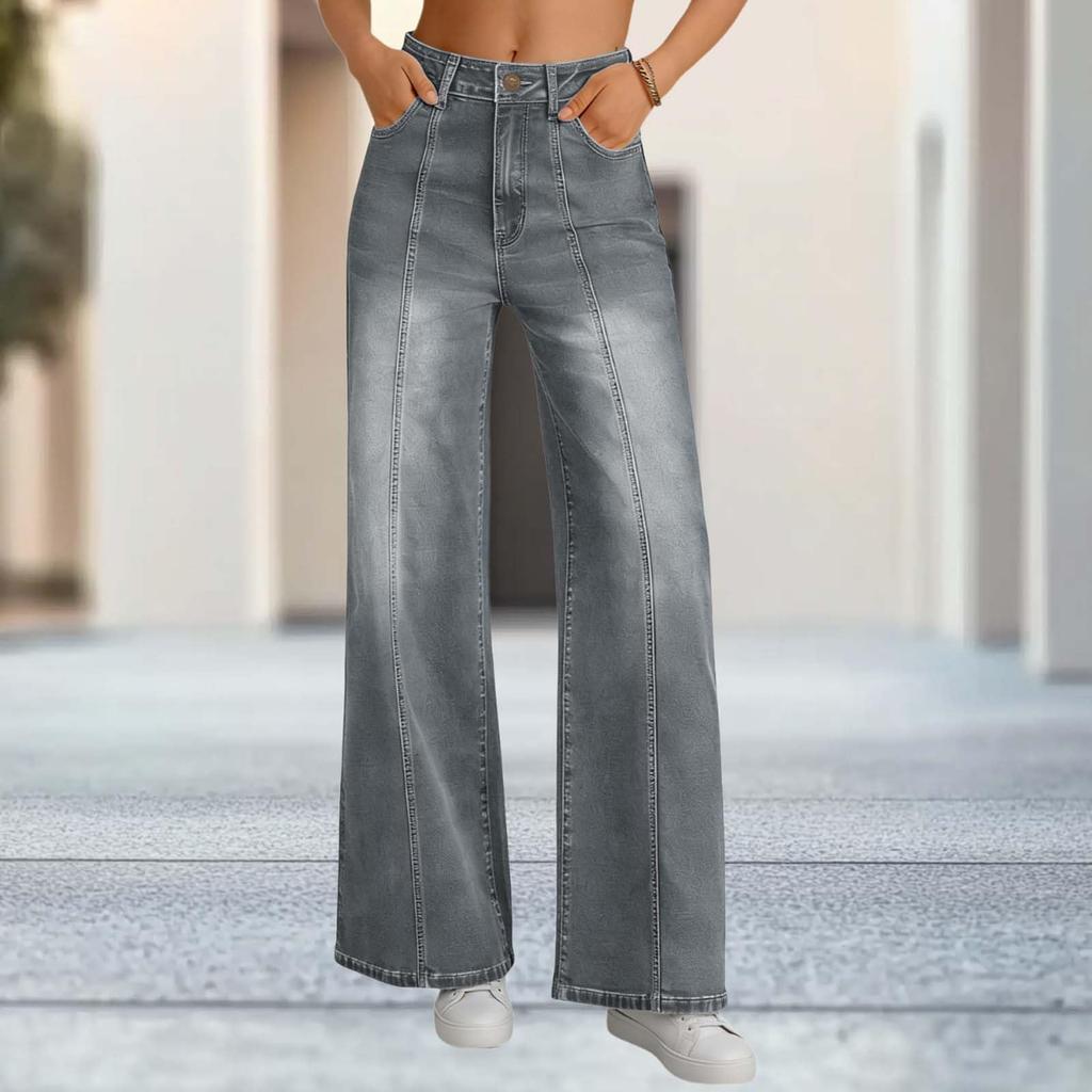 Damen Jeans mit weitem Bein Leichte gerade geschnittene lockere Jeans mit Kordelzug Denim Hose