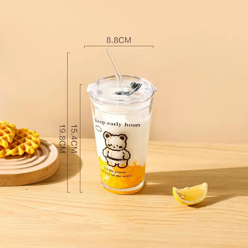 Roztomilá skleněná láhev na vodu s písmenem Korejská se slámkou a víčkem 480ml Jednoduché skleněné hrnky na kávu, mléko, džus, snídani na nápoje Dárek