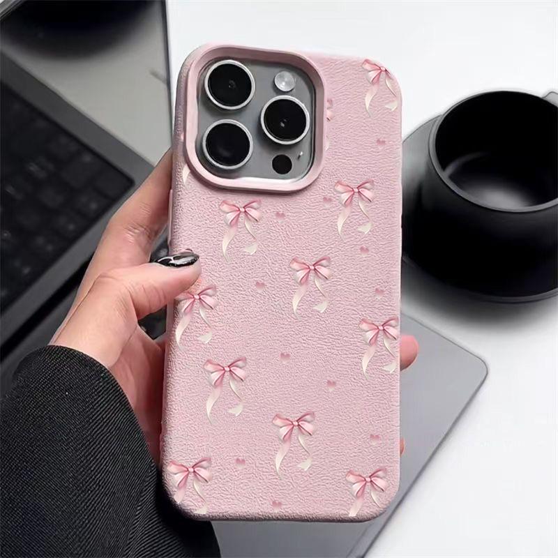 Pink Bow Pattern Leather Texture TPU Case For iPhone 16E 16 15 14 13 Pro Max 12 15 Pro 11 Shockproof Soft Silicone Phone Cover