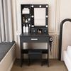 Small Vanity Table with Mirror and Adjustable LED Lighting, Socket, Hair Dryer Holder & Padded Stool - with Drawers and Shelf, Black, W60/H131.5/D38cm