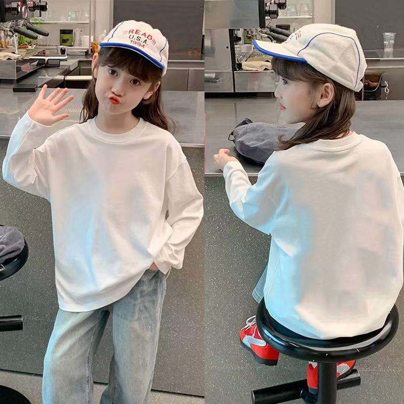 Korean Style Girls' Long Sleeve Cotton T-shirt - Autumn Loose Fit, Medium & Large Sizes, Stylish Base Layer Top