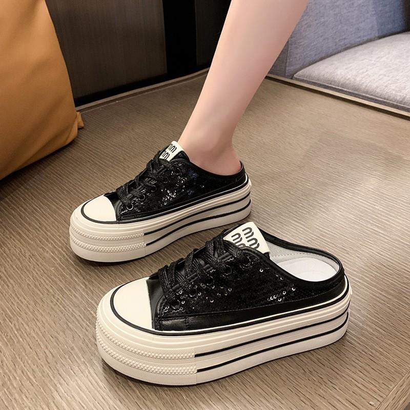 Mode 2024 Vår Höst Damtofflor Mode Baotou Halvtofflor Bär Ny Stil Muffin Snörning Casual Canvas Tofflor för Kvinnor