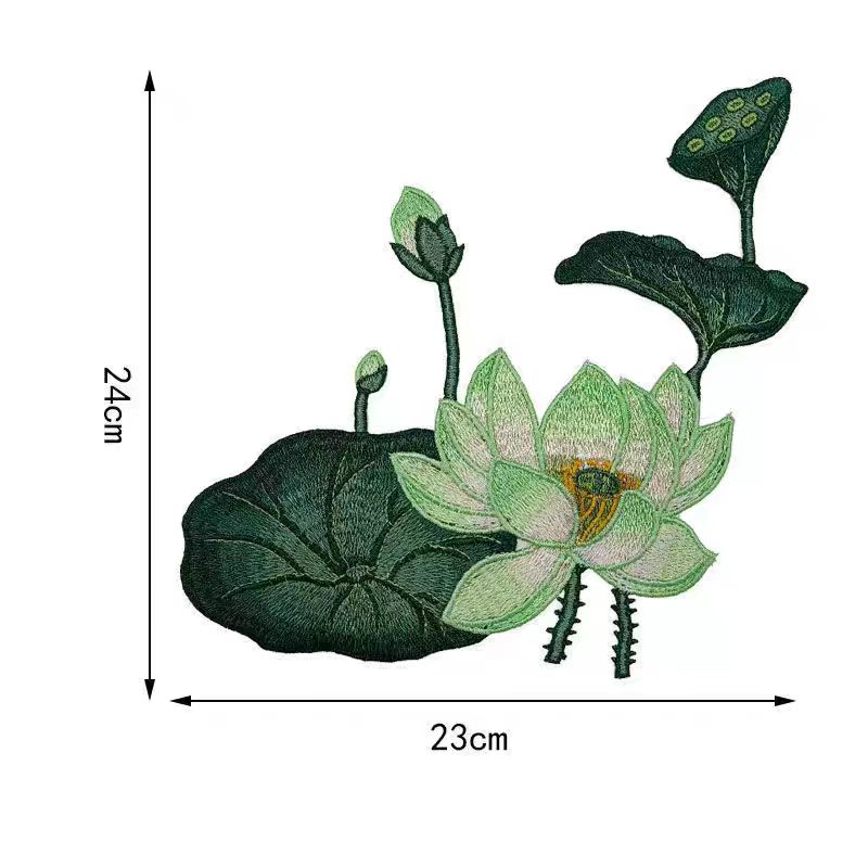 2Pcs/Set Sew On Applique Decoration Handmade DIY Chinese Style Green Big Lotus Flower Leaf Embroidered Patches For Clothing