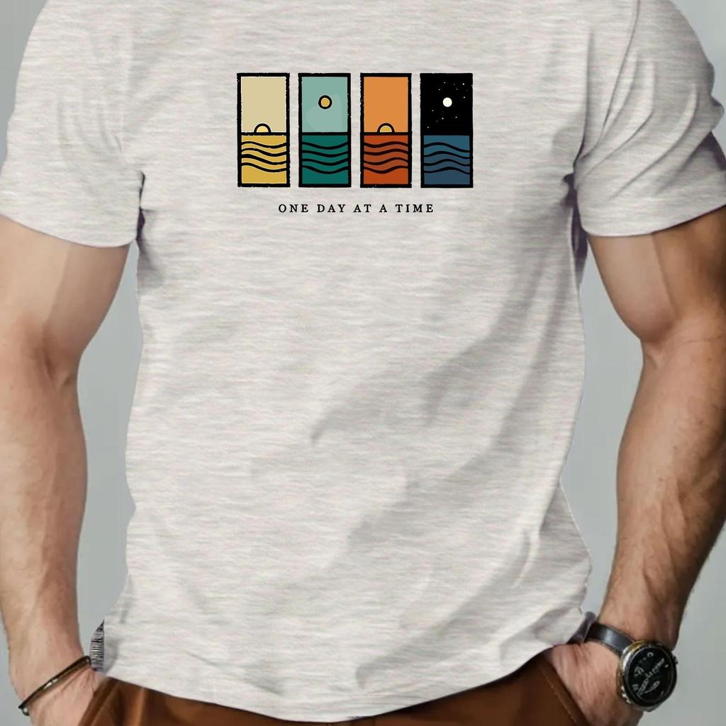 2026 New Men One Day At A Time Graphic Casual TShirt Summer Short Sleeve Round Neck Tee with Colorful Stripes Men Clothing