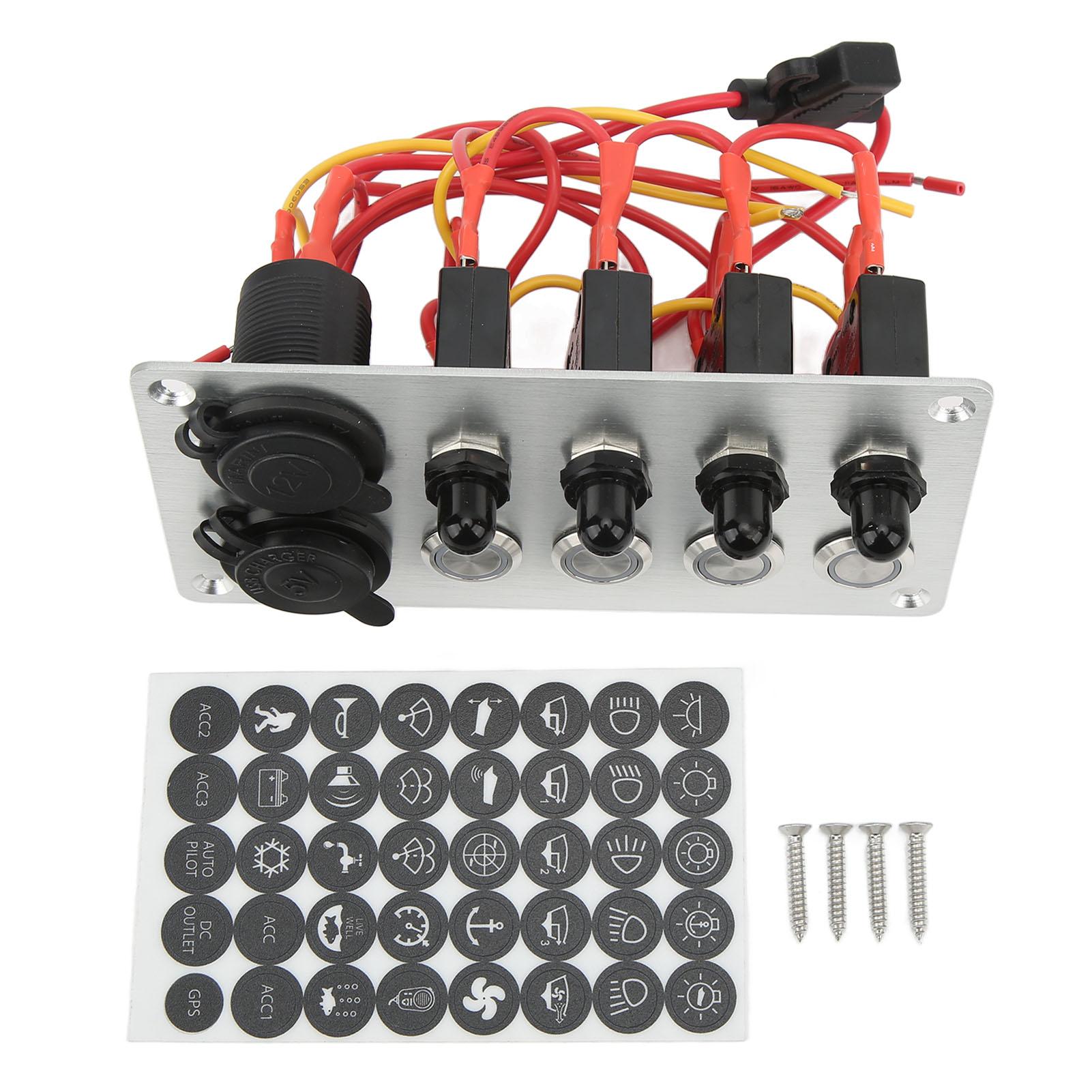 

Панель кнопочных переключателей на 4 группы с автоматическими выключателями, гнездом прикуривателя, портом для зарядки USB, синей подсветкой для дома на колесах