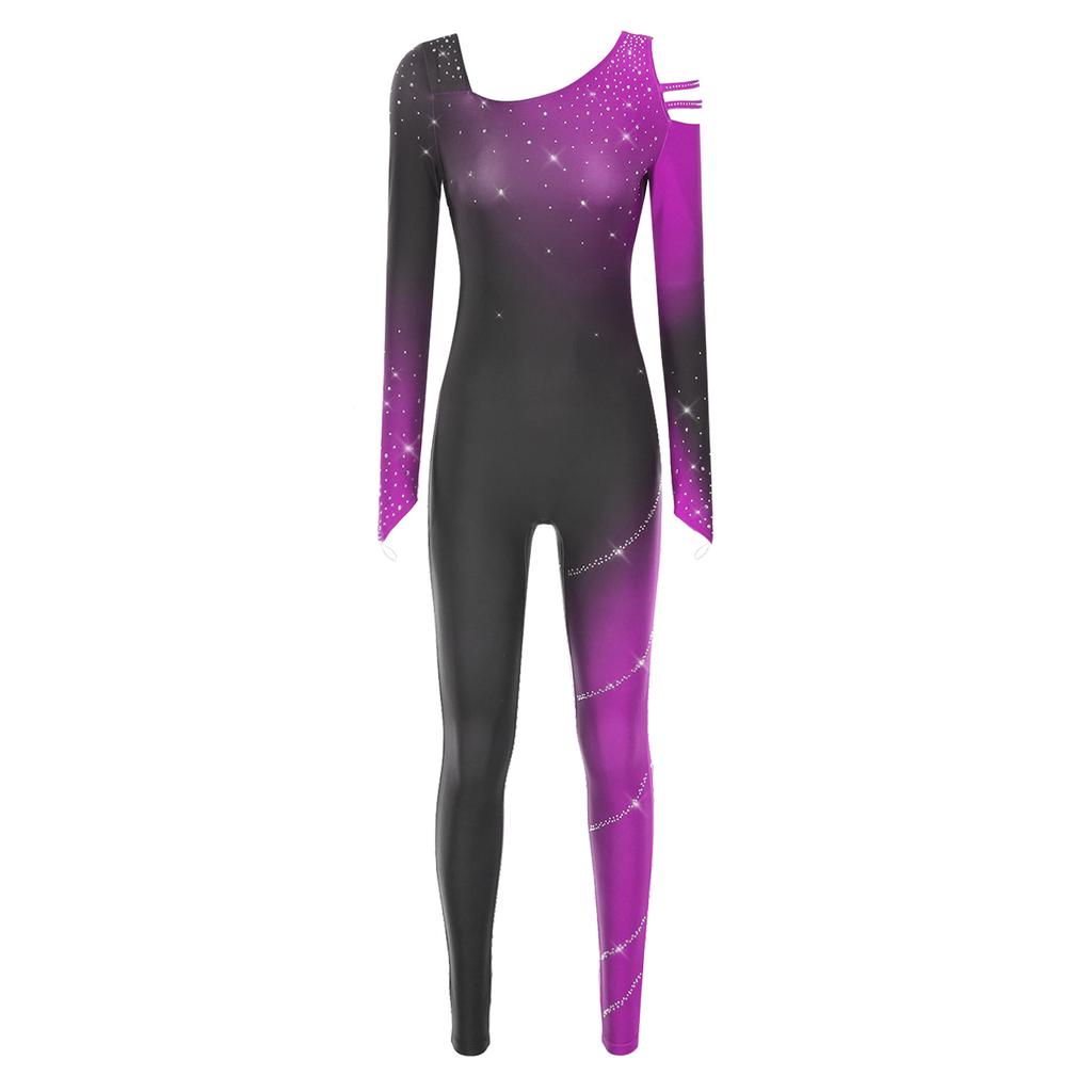 Womens Sparkling Gradient Jumpsuit Color Block Rhinestone Decorated Bodysuit Leotard Dance Gymnastics Costume