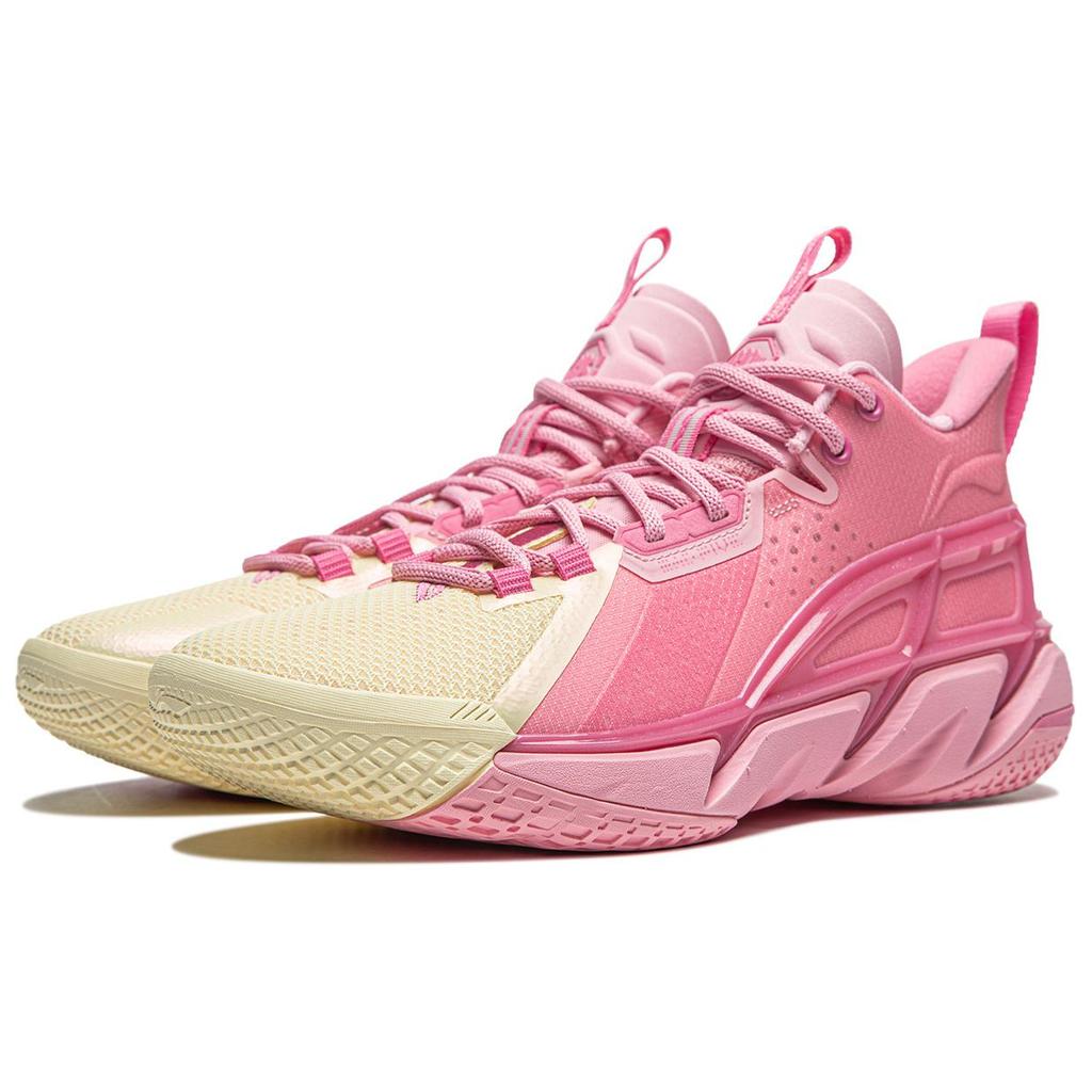 New LiNing Anti five 4 Cushioned Wear Resistant Breathable Mid Top Basketball Shoes Men's Pink Yellow ABFU015-2