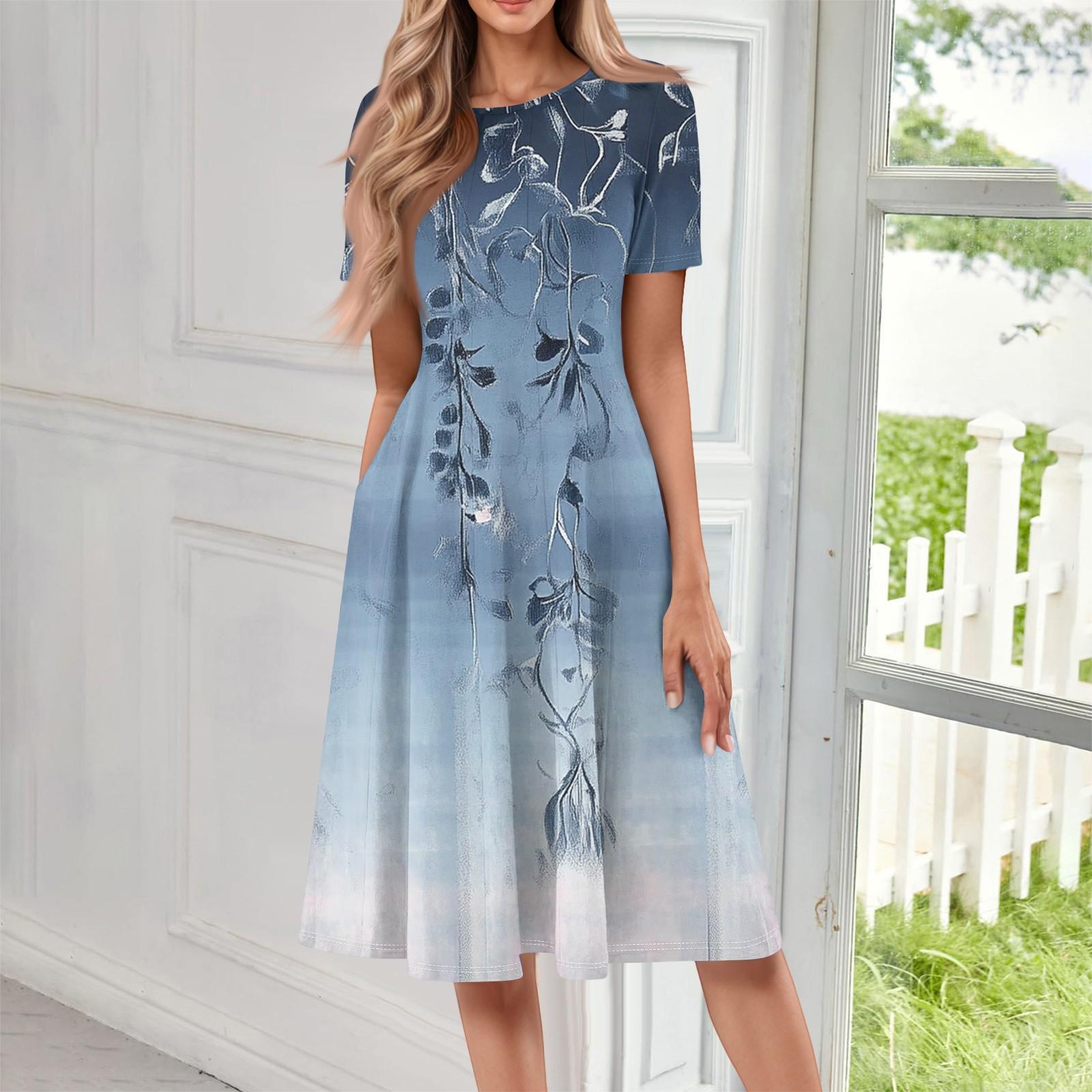 

Женское повседневное модное платье миди с круглым вырезом и коротким рукавом с принтом S