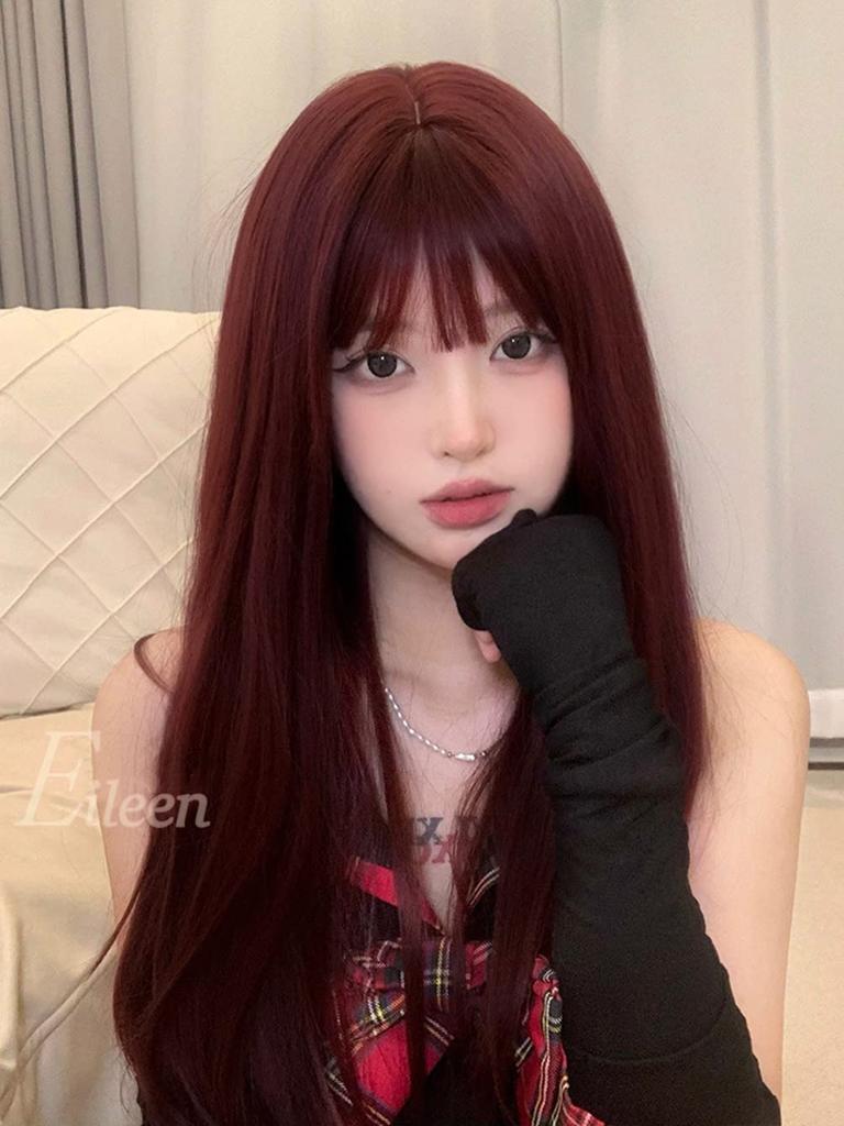 Eileen Cute Wine Red Medium Long Full Harajuku Small Face Comes with Net Wig, Wig, Women's Wig, Straight, Natural, Style, Popular, Effect,