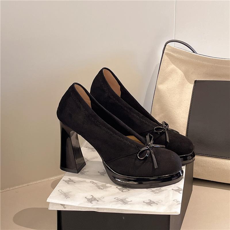 Vintage Maillard Bow Mary Jane Single Shoes Women's 2025 New Small Round Head Thick Heel Temperament High Heels