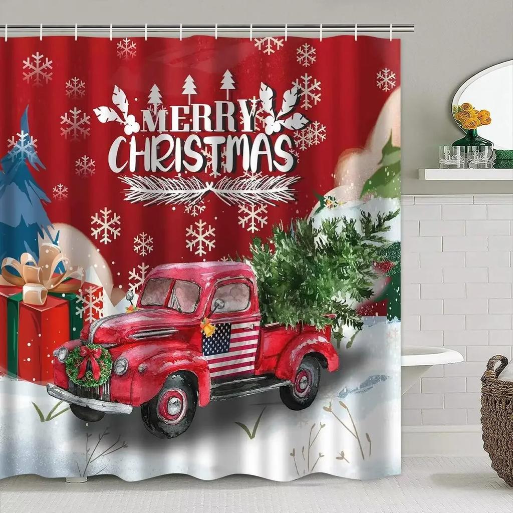 Theme Shower Truck Christmas Tree Gift Deer Red Bird Pinecone Snow Scene Baths Curtain Bathroom DecorXT6