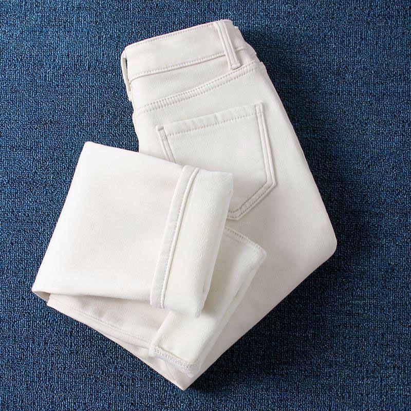 Women's High Waist Fleece-Lined Skinny Jeans - White Harem Style for Autumn/Winter 2025, Korean-Inspired, Casual, and Thickened.