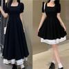 2025 Black Swan Color Block Slimming Little Black Dress – Summer Mid-Length Short Sleeve Commute Design