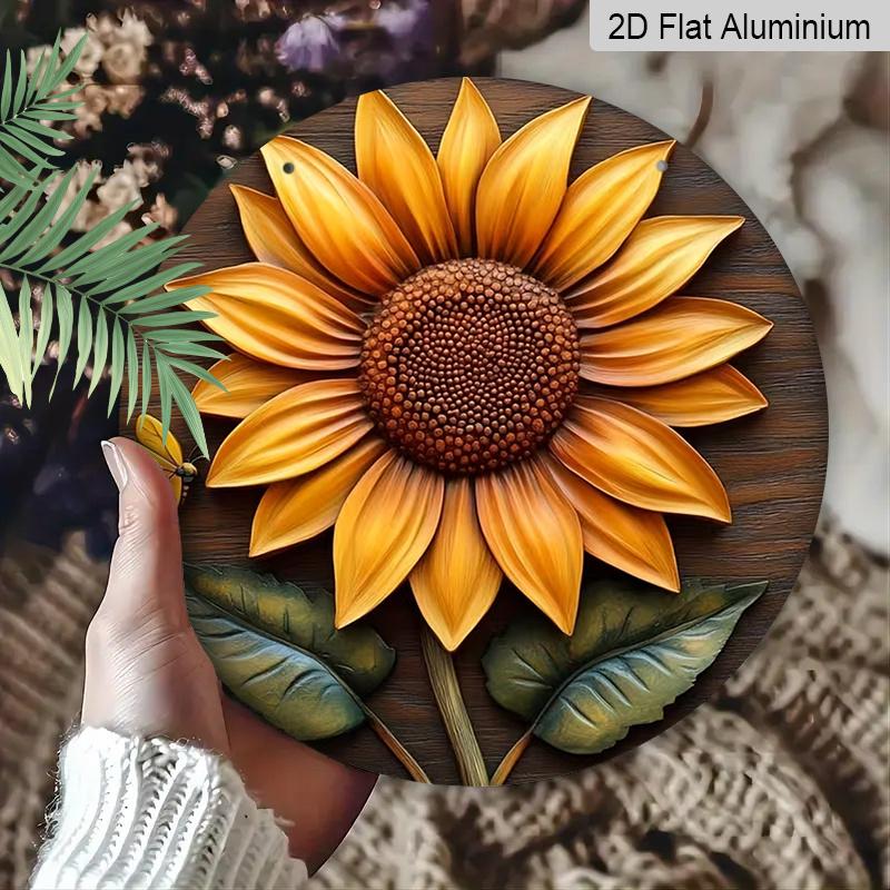 2D Flat Aluminum 7.87 Inch X 7.87 Inch Sunflower Pattern Wall Decoration, Rustic Style, Suitable for Gardens, Farmhouses, Cafes, Living Rooms