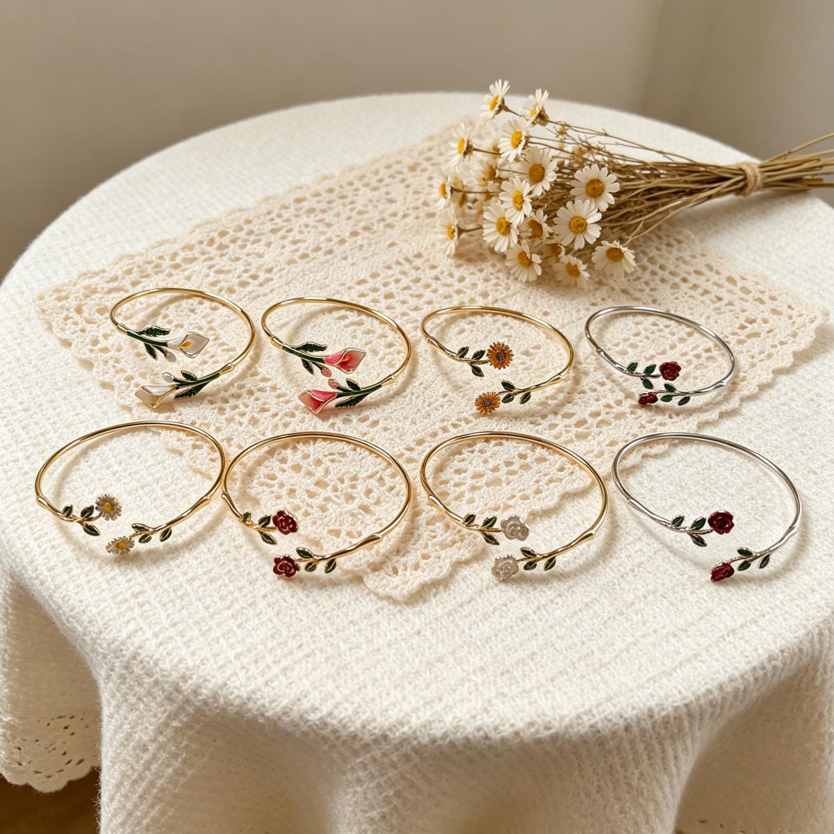 Elegant Enamel Drip Openable Bracelet Set with Rose Daisy Camellia Design for Women