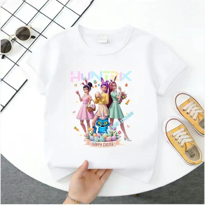 Summer Short-sleeved Cute Style Series K-pop Demon Hunters Children's Polyester T-shirt for Girls, Cute Sports Shirt for Girls