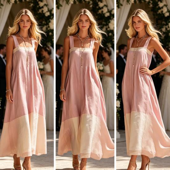 Huaqianguhh Summer Sleeveless Maxi Dress for Women, Color Block Square Neck A-line Long Dress, Casual Flowy Beach Vacation Sundress