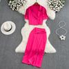 Ladies Suit Retro Lapel Loose Puff Sleeve Short Suit Jacket Two Piece High Waist Slit Skirt