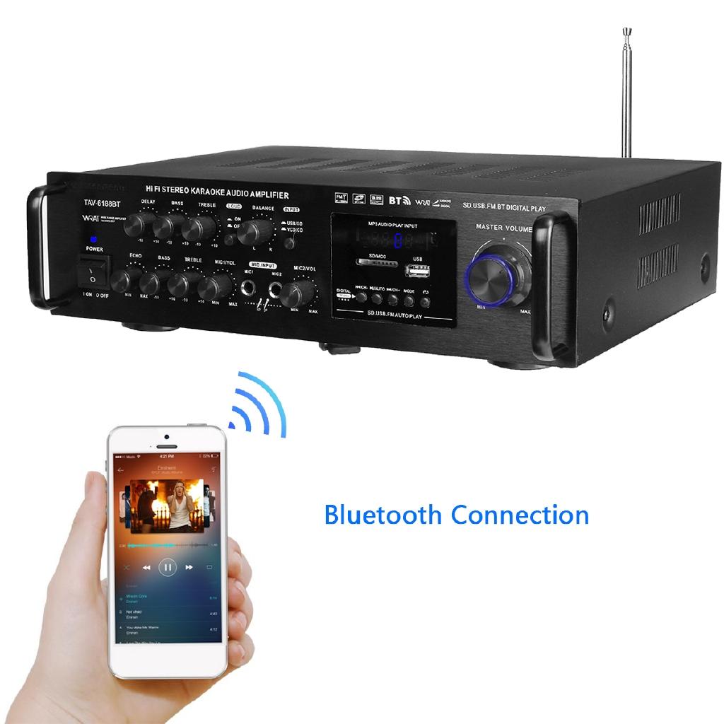 4ohm Bluetooth Stereo Karaoke Amplifier 2000W Support 2 MIC Input FM RC 110-230V