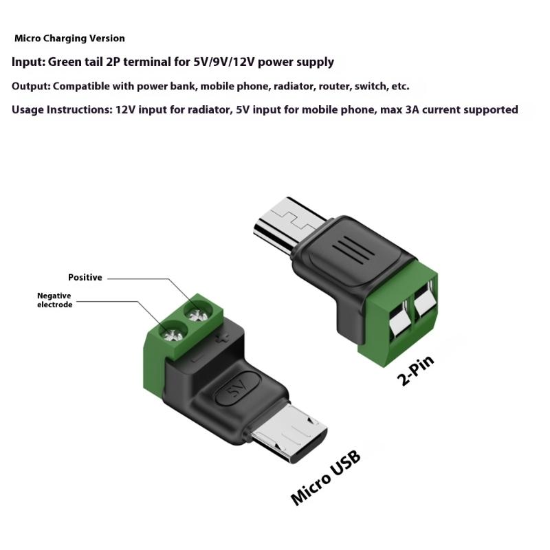 Adapter z wtyczką Micro USB na bezlutownicze złącze 2-pinowe do ładowania telefonów, tabletów, wentylatorów, lamp 5V3A, wtyczka Micro USB męska na złącza 2-pinowe