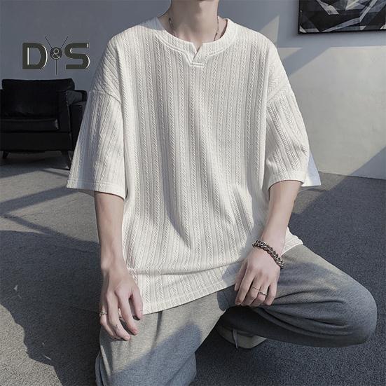 Męski T-shirt Mały Dekolt V Krótki Rękaw Tekstura Skręcana Koszulka Jednolity Kolor Luźny Krój Jedwab Lodowy Codzienne Topy