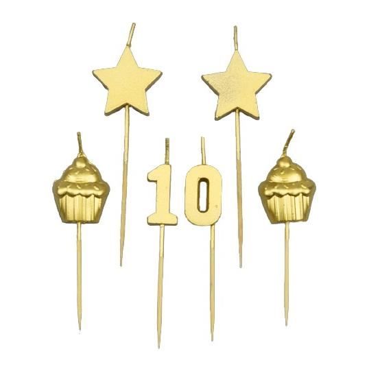 Paper Dreams 10th Birthday Cake Candles Wax/wood Gold 6 Pcs