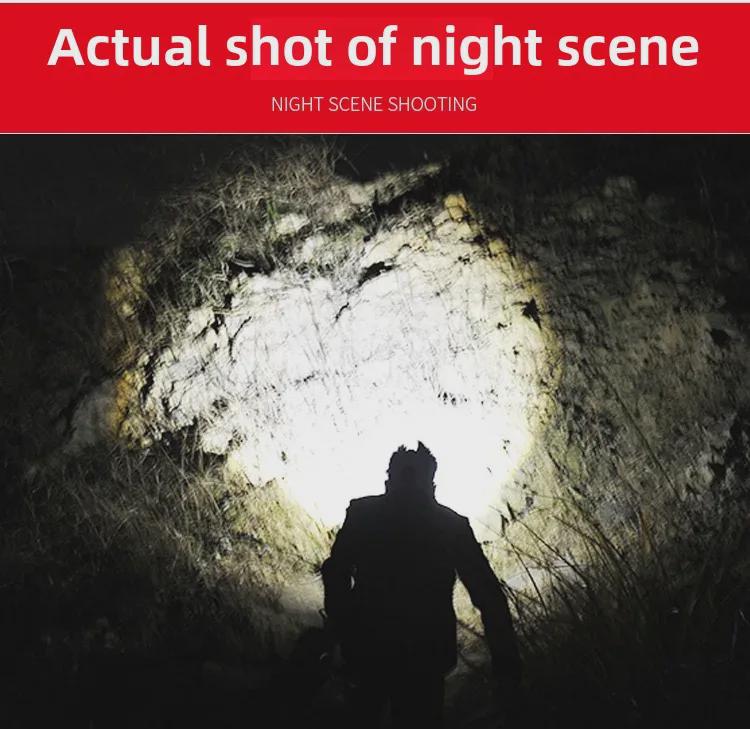 Rechargeable LED Headlamp with 18650 Battery, COB Floodlight, and Red/Green Warning Flash.