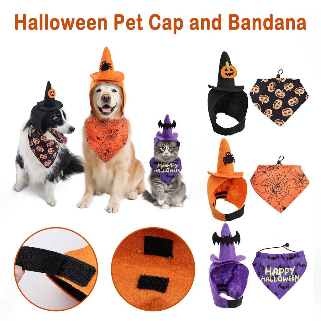 Halloween Pet Hat Set:3 Styles(purple ,black Pumpkin,orange Spider)with Matching Bandanas!Perfect For Small/medium Dogs.Easy To Wear For Spooky Photos