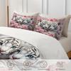 2/3Pcs Tiger Rose 3D Print Duvet Cover Set (1 Duvet Cover + 1/2 Pillowcase, Without Core), Elegant White Tiger Animal Flowers