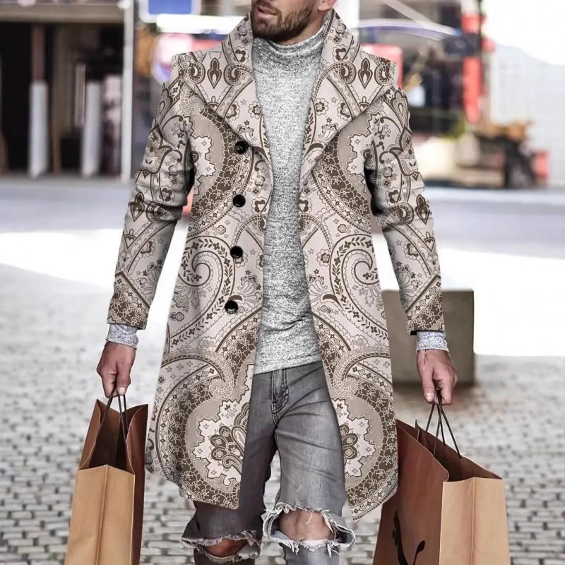 Mens Slim Fit Mid-Length Wool Blend Coat Striped Printed Casual Winter Outerwear 24-35 Years Old