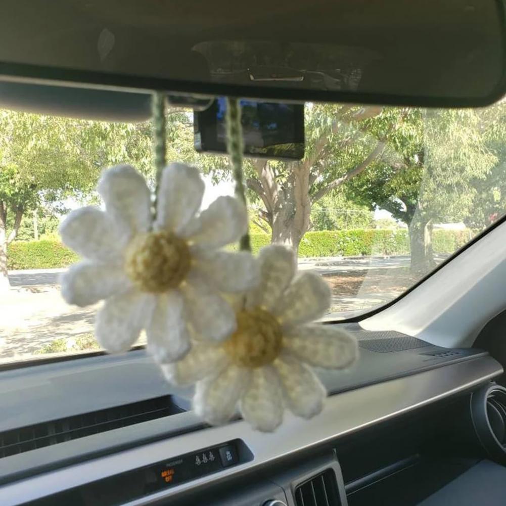 Cute Handmade Flower Knitted Pendant Car Rear View Mirror Decor Hanging Crochet  Bag Key Pendant Women Girl Gift