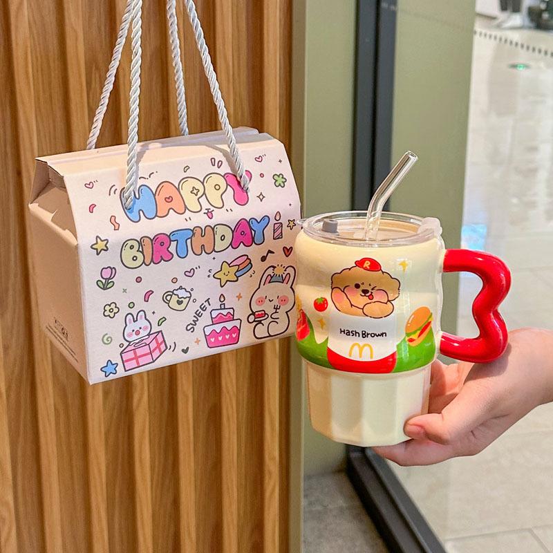 Milk Fufu Cute French Fries Straw Cup Girls' High-value Ceramic Mug for Girlfriends Birthday Gift Souvenirs