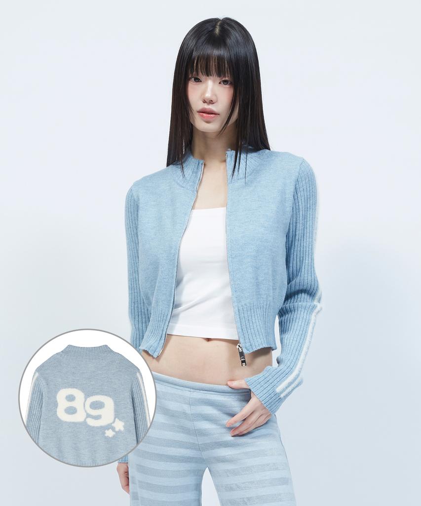 LMR Hairy Lettering Track Crop Knit Zip-Up Blue