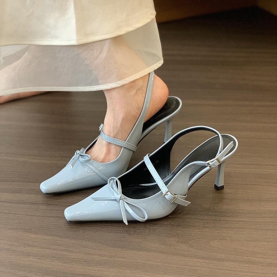 Black high heels bow bag head sandals women's shoes spring temperament fairy pointed single shoes