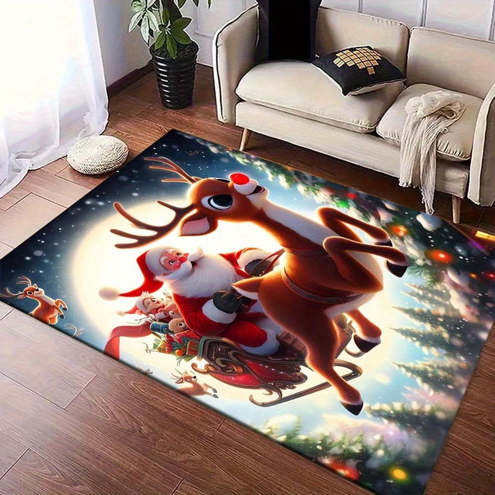 1pc Christmas Themed Rug, Cute Santa Claus and Happy Elk Print, Bedside Carpet, Non slip Laundry Room Mat, Machine Washable Water Absorbing