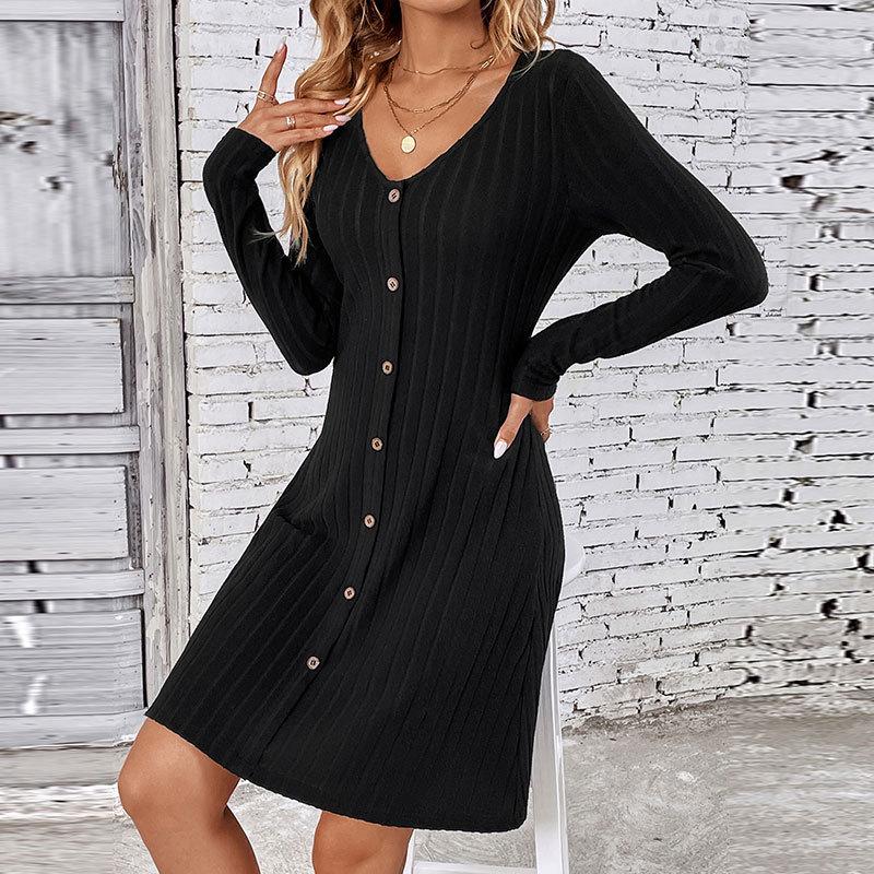 Women's Autumn/winter Button Waist Long Sleeve Sweater Dress