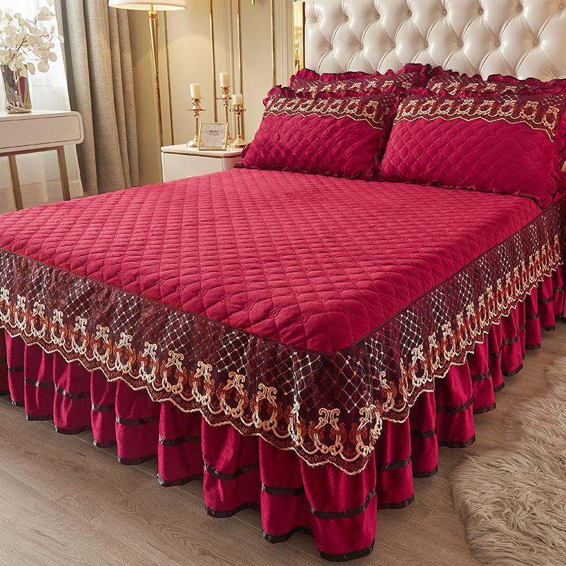 3-teiliges gestepptes Bettvolant-Set Prinzessin Spitze Verdickte Bettdecke, Yamame Rutschfeste Bettdecke Schutzhülle Bettwäsche Vier Jahreszeiten