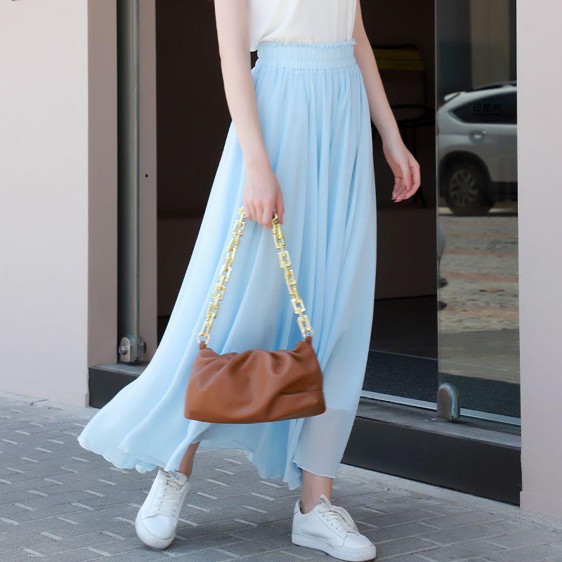 Black Chiffon Midi Skirt Long Summer Candy Color Flowy Elegant Women Skirt