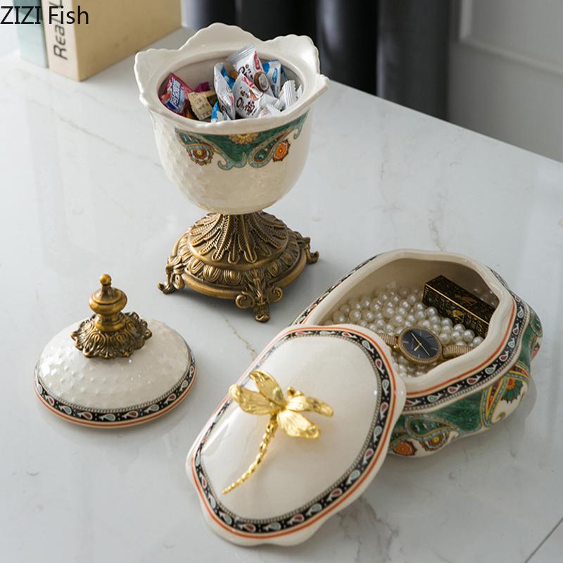 Retro Floral Pattern Storage Jars and Lid Dressing Table Ring Jewelry Box Cosmetic Jar Ceramic Crafts Candy Pots Aroma Can
