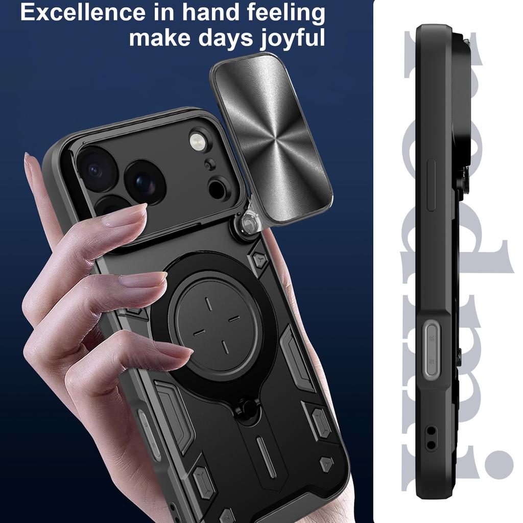 For iPhone 17 Pro Max Case TPU + PC Phone Cover with Kickstand , Slide Lens Window