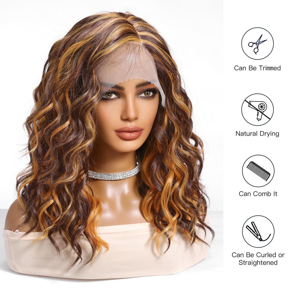 LOUIS FERRE Synthetic Lace Front Wigs Orange Brown Short BOB Wig with Side Part Daily Use Party Wig for Women Heat Resistant
